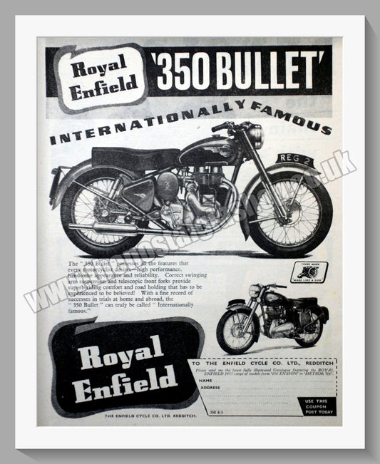 Royal Enfield 350 Bullet Motorcycle. Original Advert 1955 (ref AD57377)