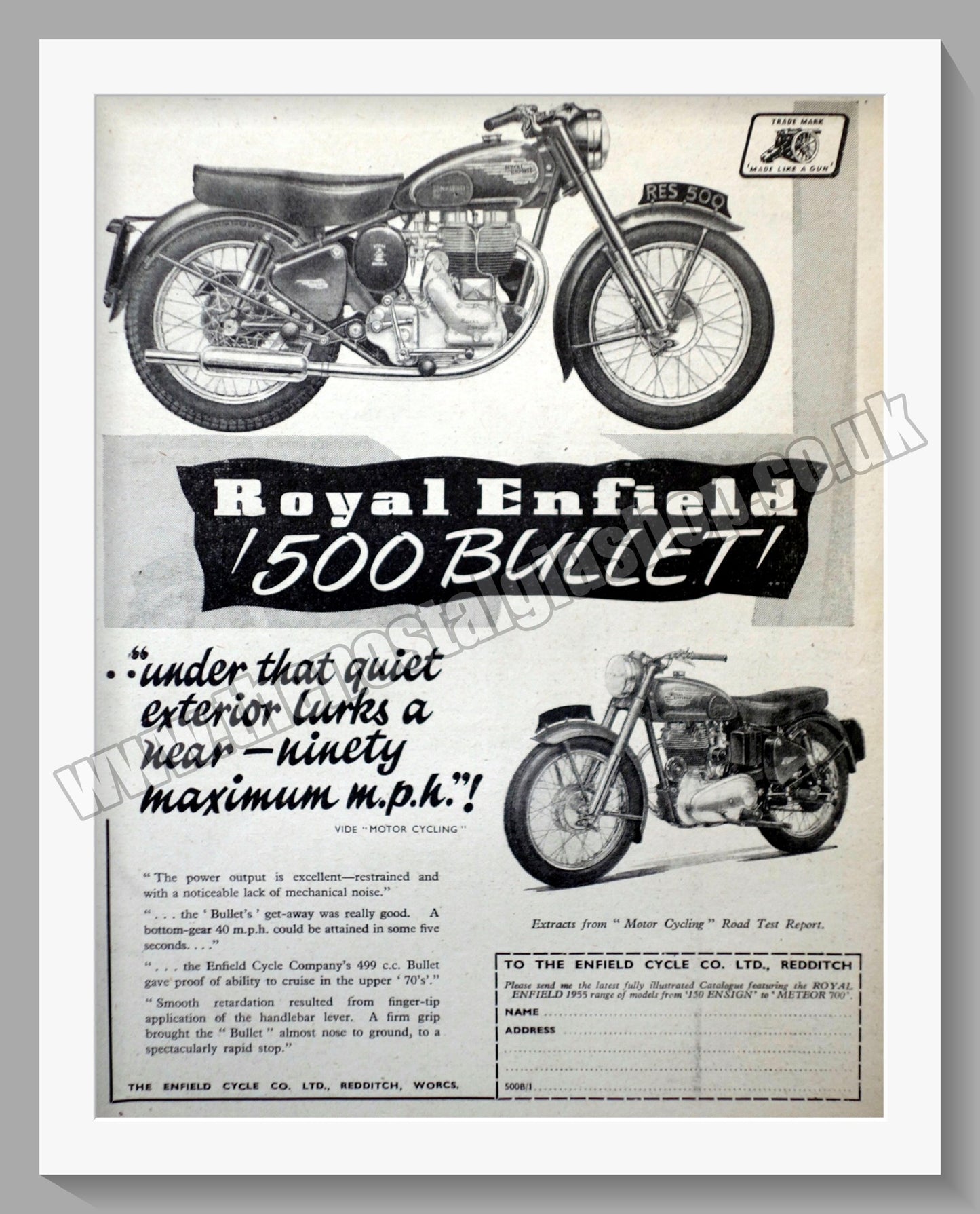 Royal Enfield 500 Bullet Motorcycle. Original Advert 1955 (ref AD57388)