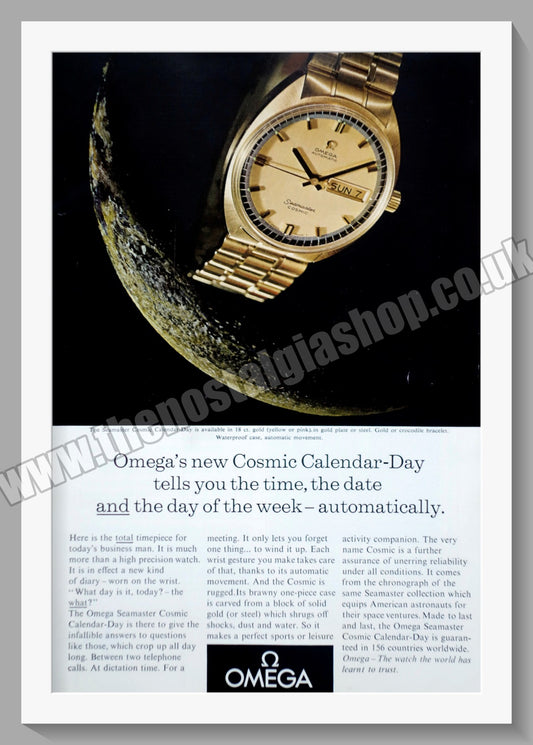 Omega Seamaster Cosmic Calendar Day Watch. Original Advert 1969 (ref AD57229)