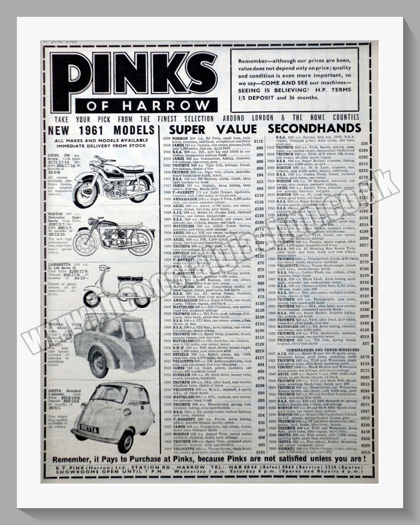 Pinks Of Harrow Motorcycle Dealerships. Original Advert 1961 (ref AD57301)