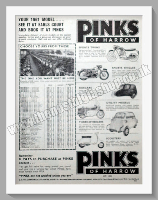 Pinks Of Harrow Motorcycle Dealerships. Original Advert 1960 (ref AD57311)