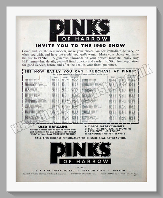 Pinks Of Harrow Motorcycle Dealerships. Original Advert 1959 (ref AD57288)