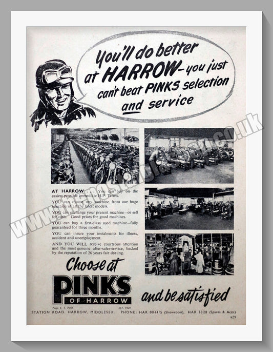 Pinks Of Harrow Motorcycle Dealerships. Original Advert 1958 (ref AD6600)