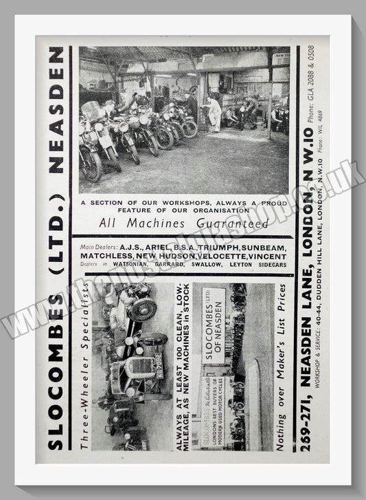 Slocombes of Neasden Motorcycle Dealerships. Original Advert 1951 (ref AD57298)