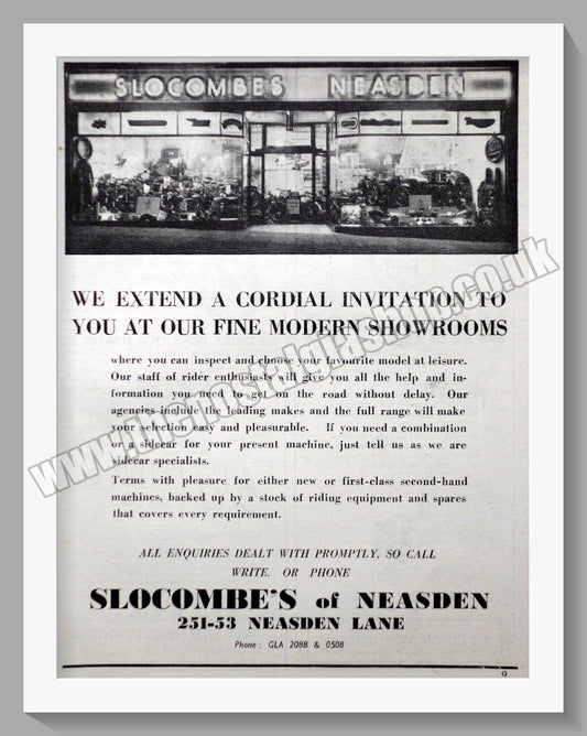 Slocombes of Neasden Motorcycle Dealerships. Original Advert 1952 (ref AD57312)