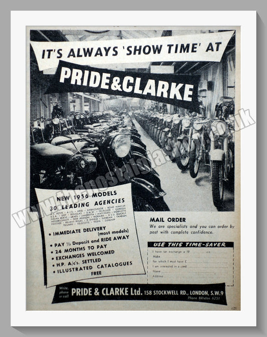 Pride & Clarke Ltd Motorcycle Dealer. Original Advert 1955 (ref AD57556)