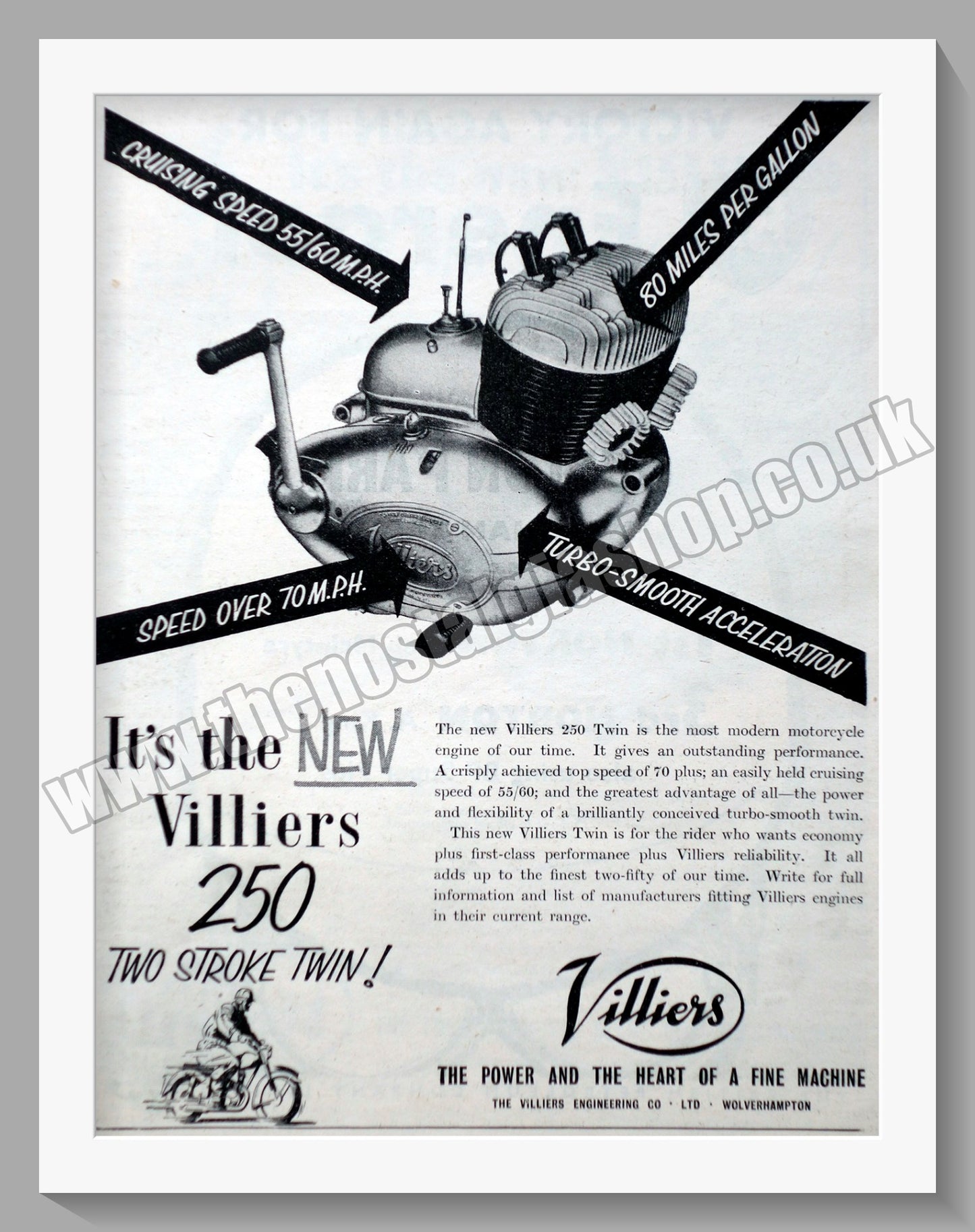 Villiers 250cc Two Stroke Twin Motorcycle Engine. Original Advert 1957 (ref AD57583)