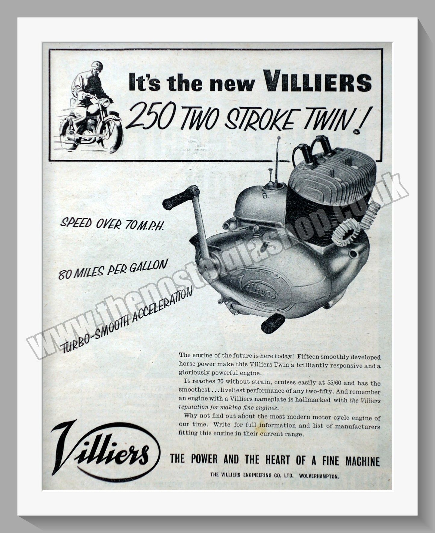 Villiers 250cc Two Stroke Twin Motorcycle Engine. Original Advert 1957 (ref AD57584)