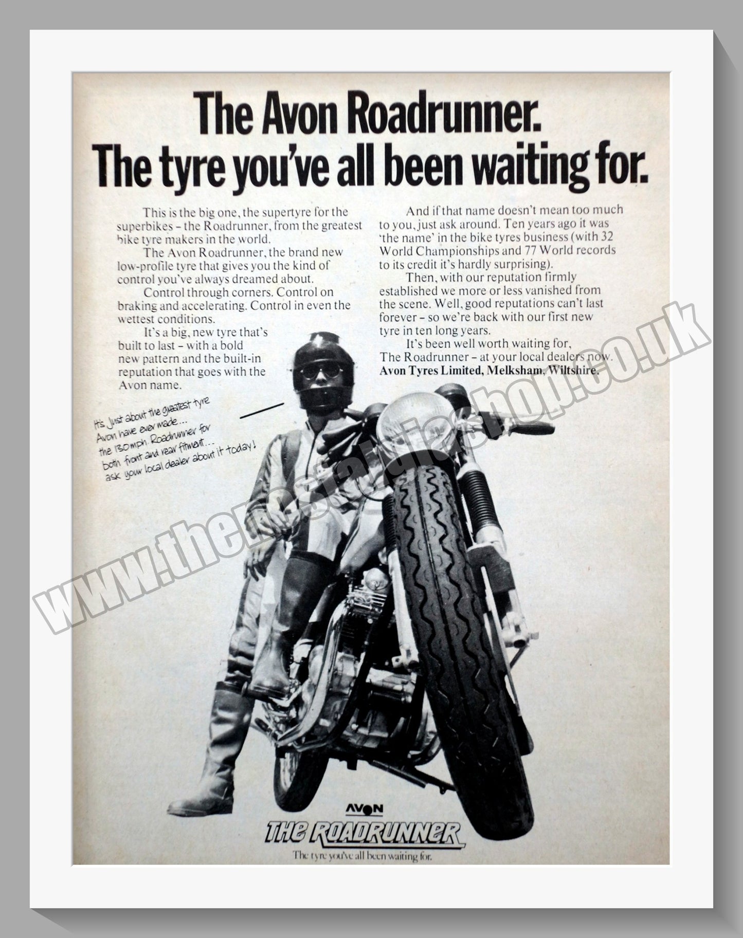 Avon Roadrunner Motorcycle Tyres. Original Advert 1975 (ref AD57766)