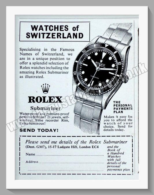 Rolex Submariner Watch. Original Advert 1957 (ref AD57795)