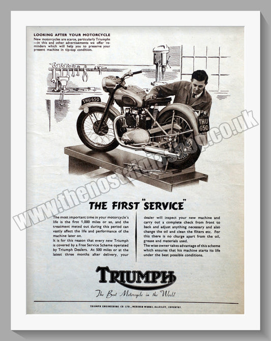 Triumph Motorcycles. The First Service. Original Advert 1952 (ref AD348)