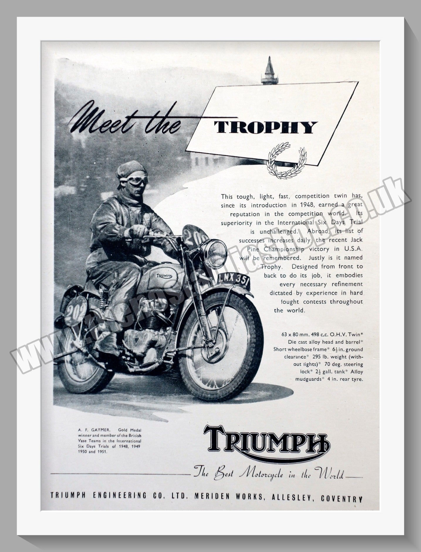 Triumph Motorcycles. Original advert 1952 (ref AD57941)