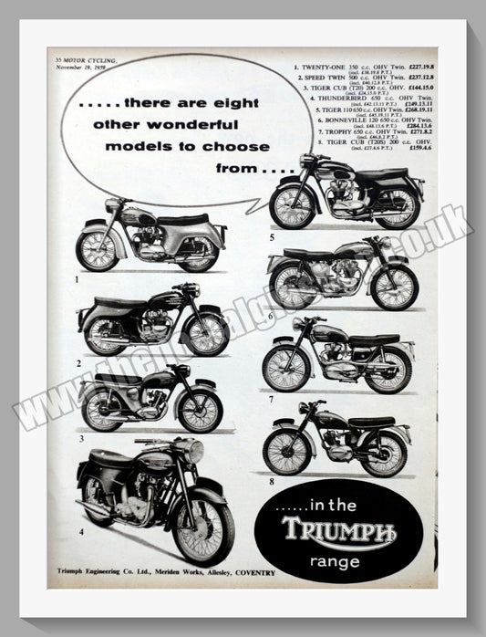 Triumph Motorcycles Range. Original advert 1959 (ref AD57993)