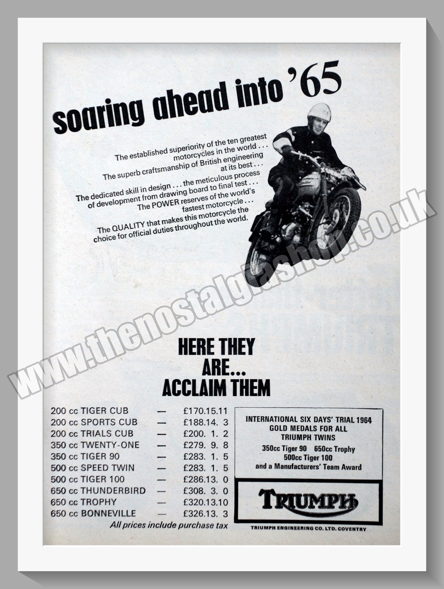 Triumph Motorcycles. Original advert 1964 (ref AD58020)