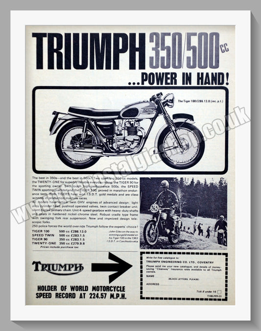 Triumph Motorcycles. Original advert 1964 (ref AD58101)