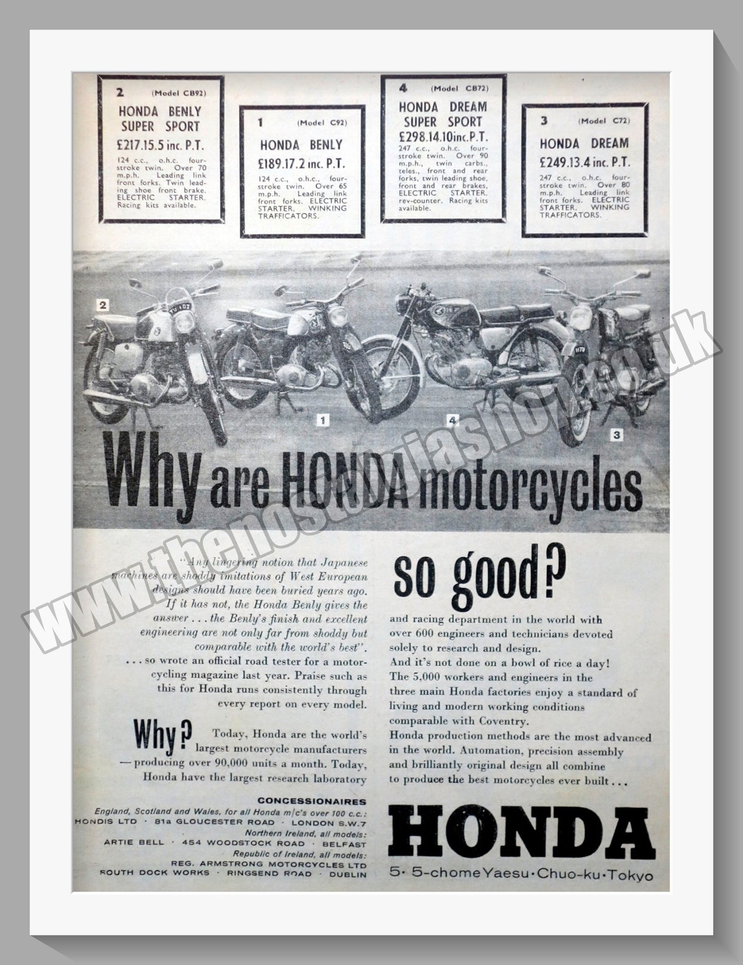 Honda Motorcycle Range.  1962 Original advert (ref AD58167)