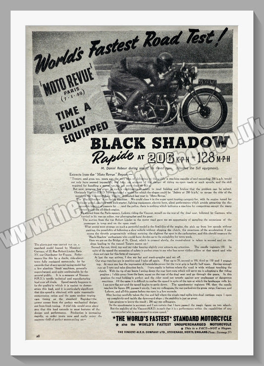 Vincent H.R.D. Rapide Black Shadow Motorcycle. Vintage Advert 1949 (ref AD58370)