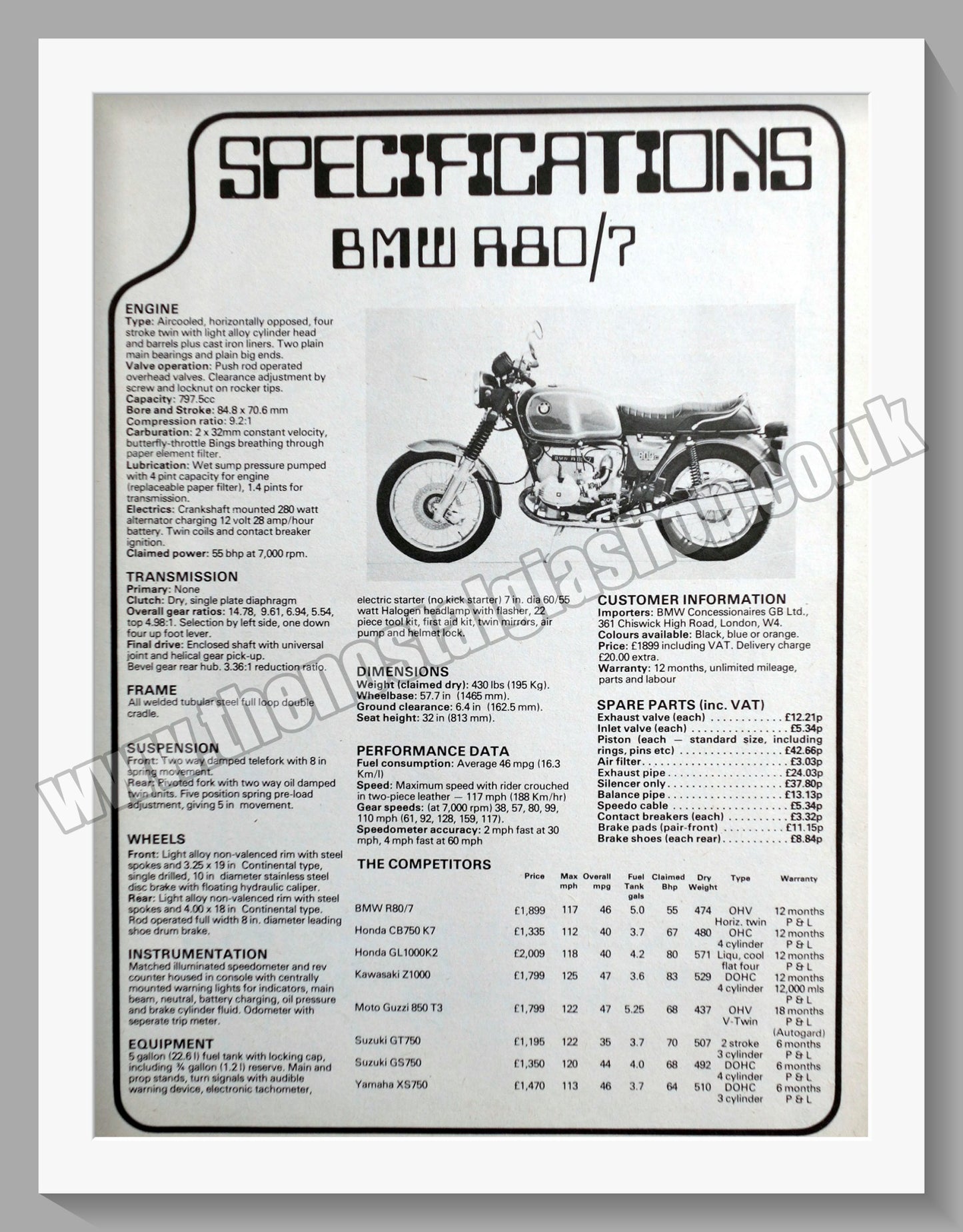 BMW R80 Motorcycle. Specifications Sheet. 1978 Original Advert (ref AD58389)