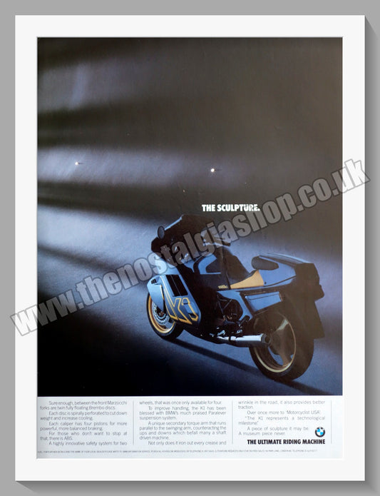 BMW K1 Motorcycle. 1989 Original Double Advert (ref AD58392)