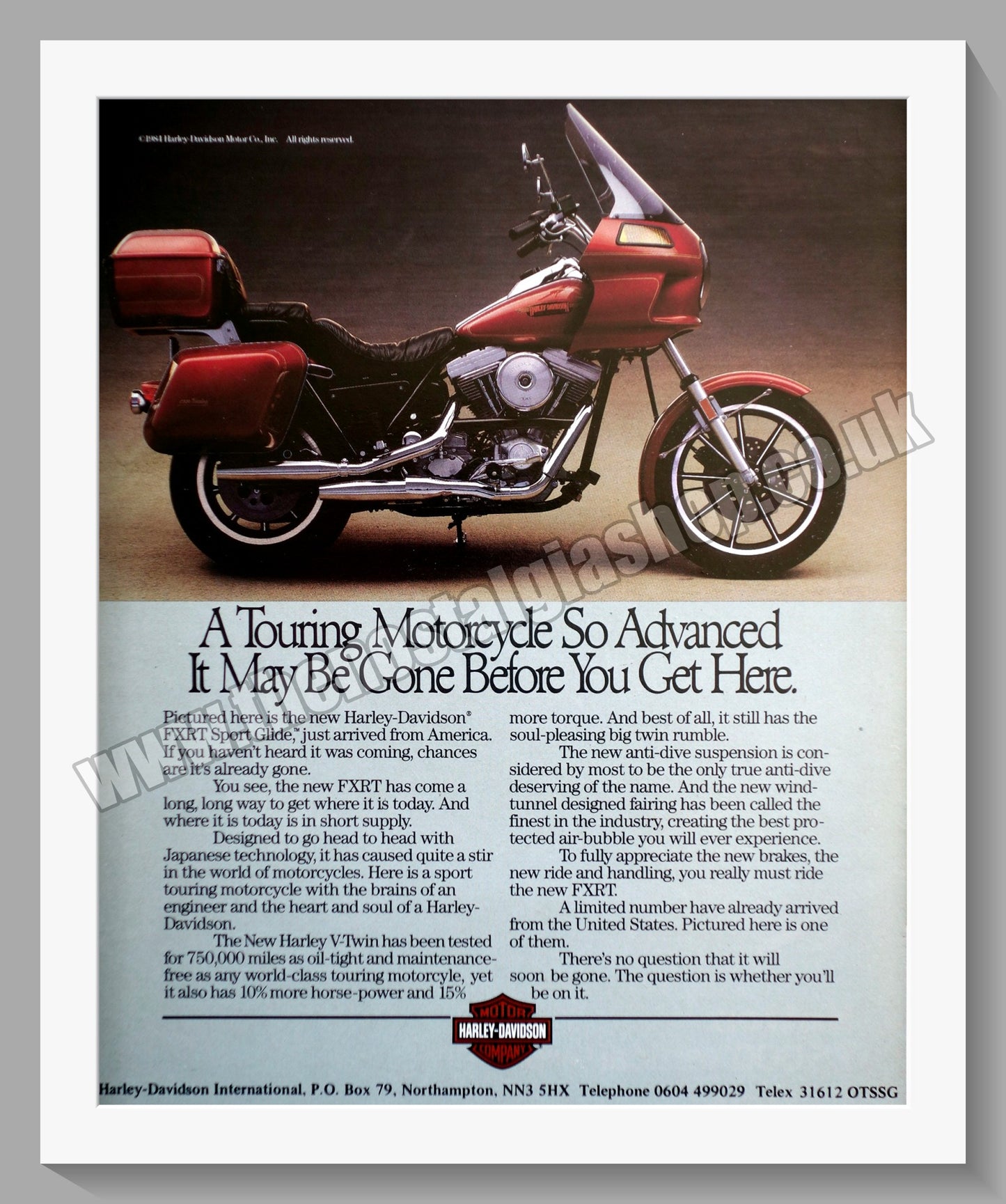 Harley Davidson FXRT Sport Glide Motorcycle. Original Advert 1984 (ref AD58346)