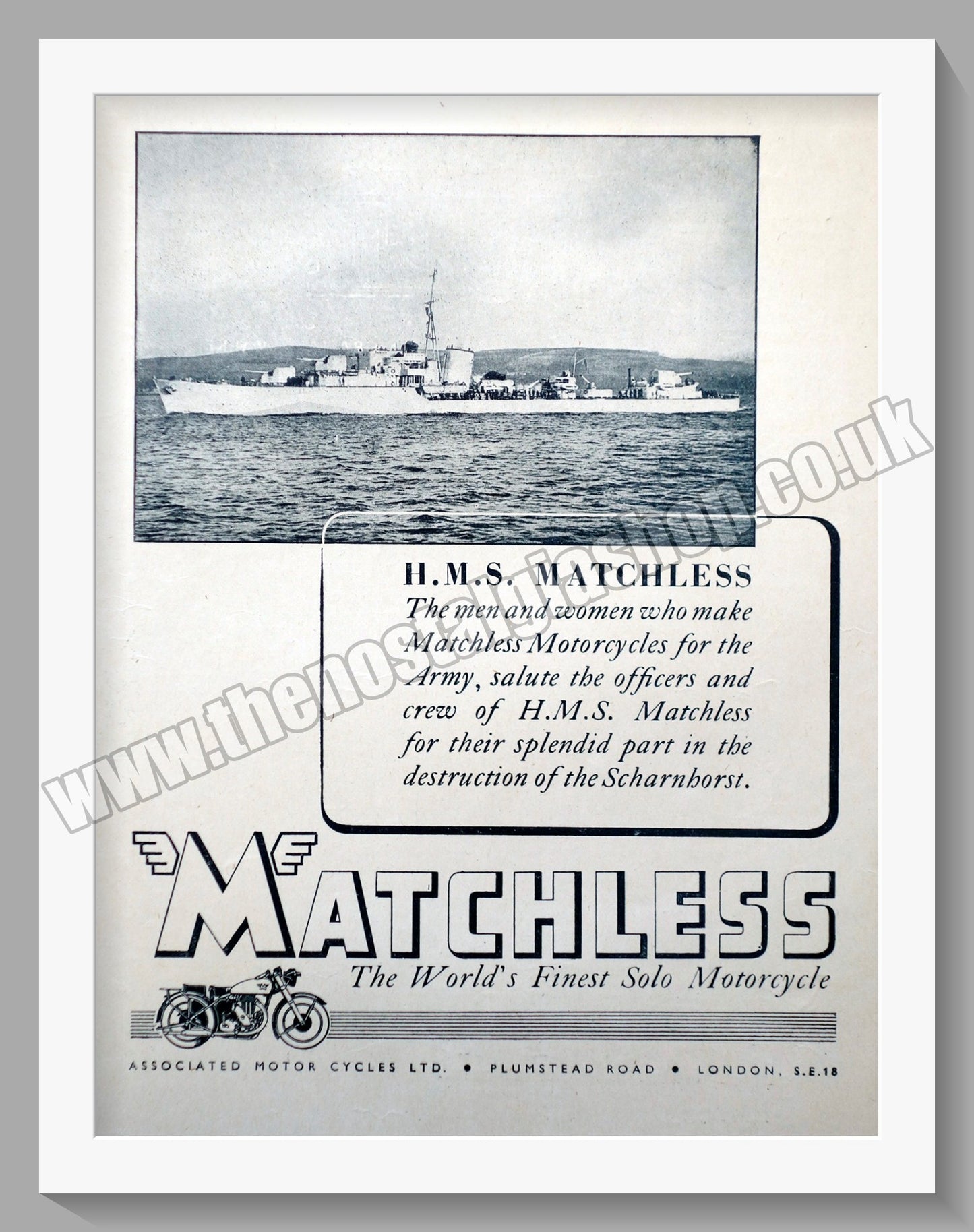 Matchless Motorcycles. H.M.S. Matchless. 1944 Original Advert. (ref AD58560)