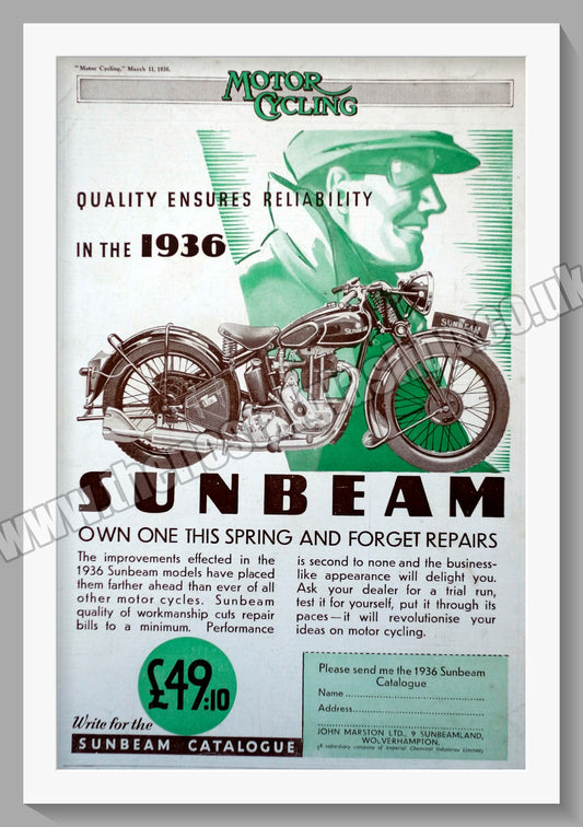 Sunbeam Motorcycles. 1936 Original Advert. (ref AD58572)