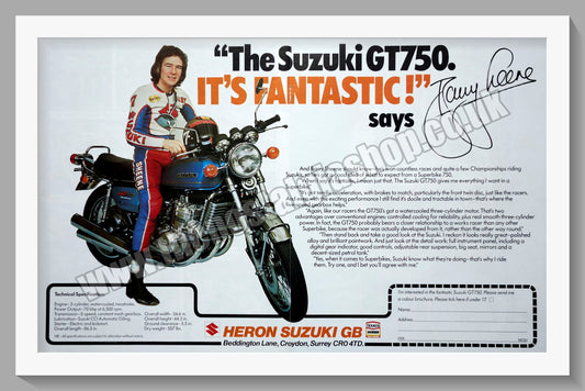 Suzuki GT 750 Motorcycle. Barry Sheene Original advert 1976 (ref AD58818)