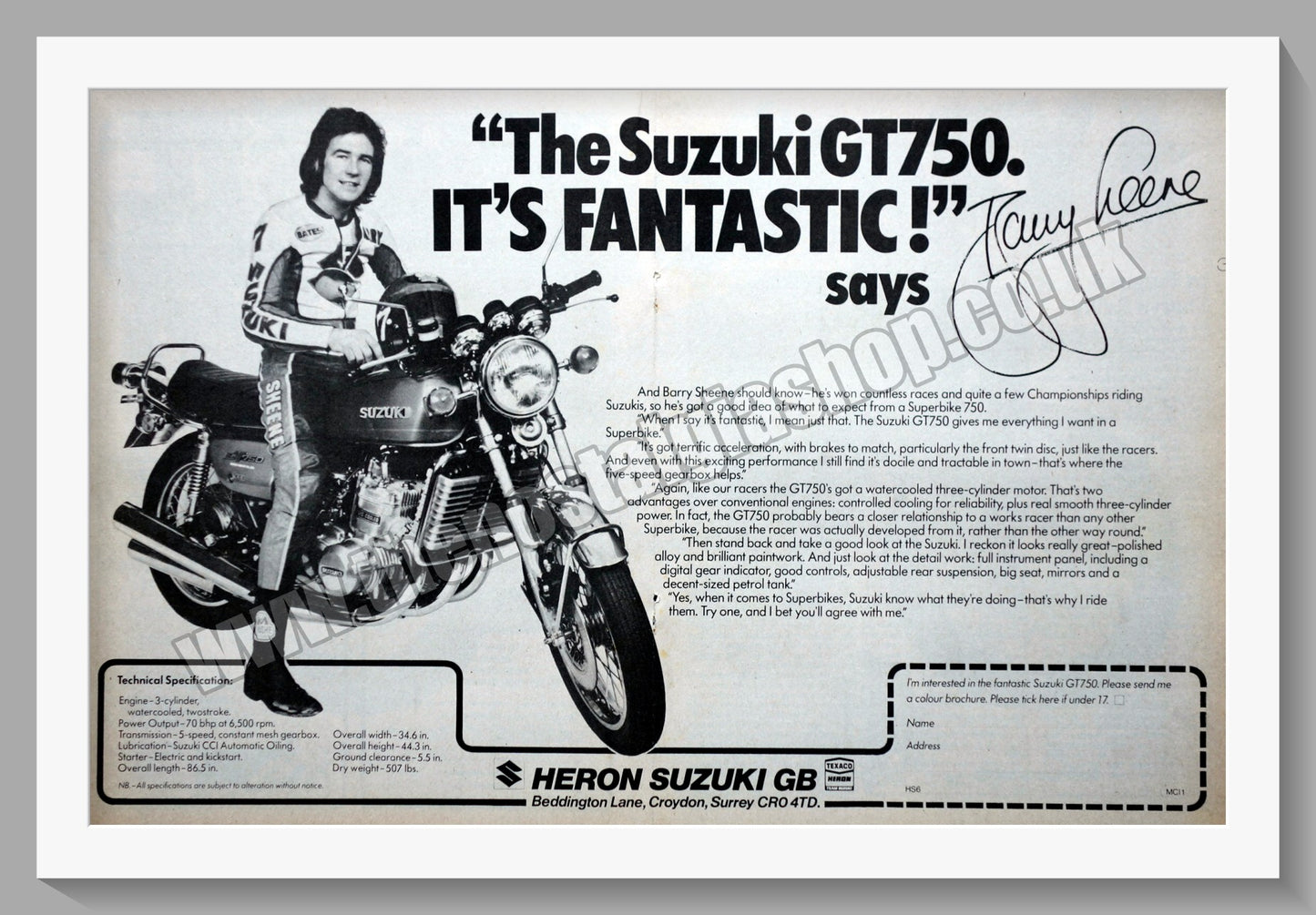 Suzuki GT 750 Motorcycle. Barry Sheene Original advert 1976 (ref AD58819)