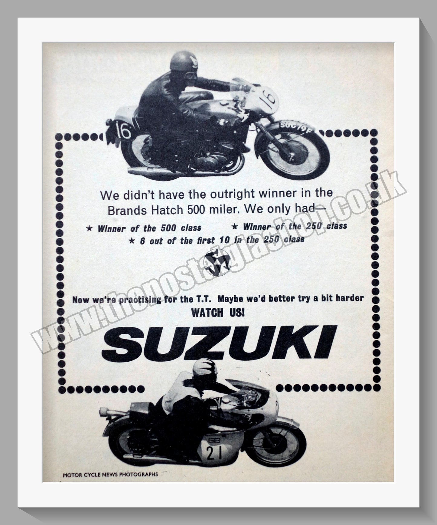 Suzuki  Motorcycles. Winning. Original advert 1968 (ref AD58669)