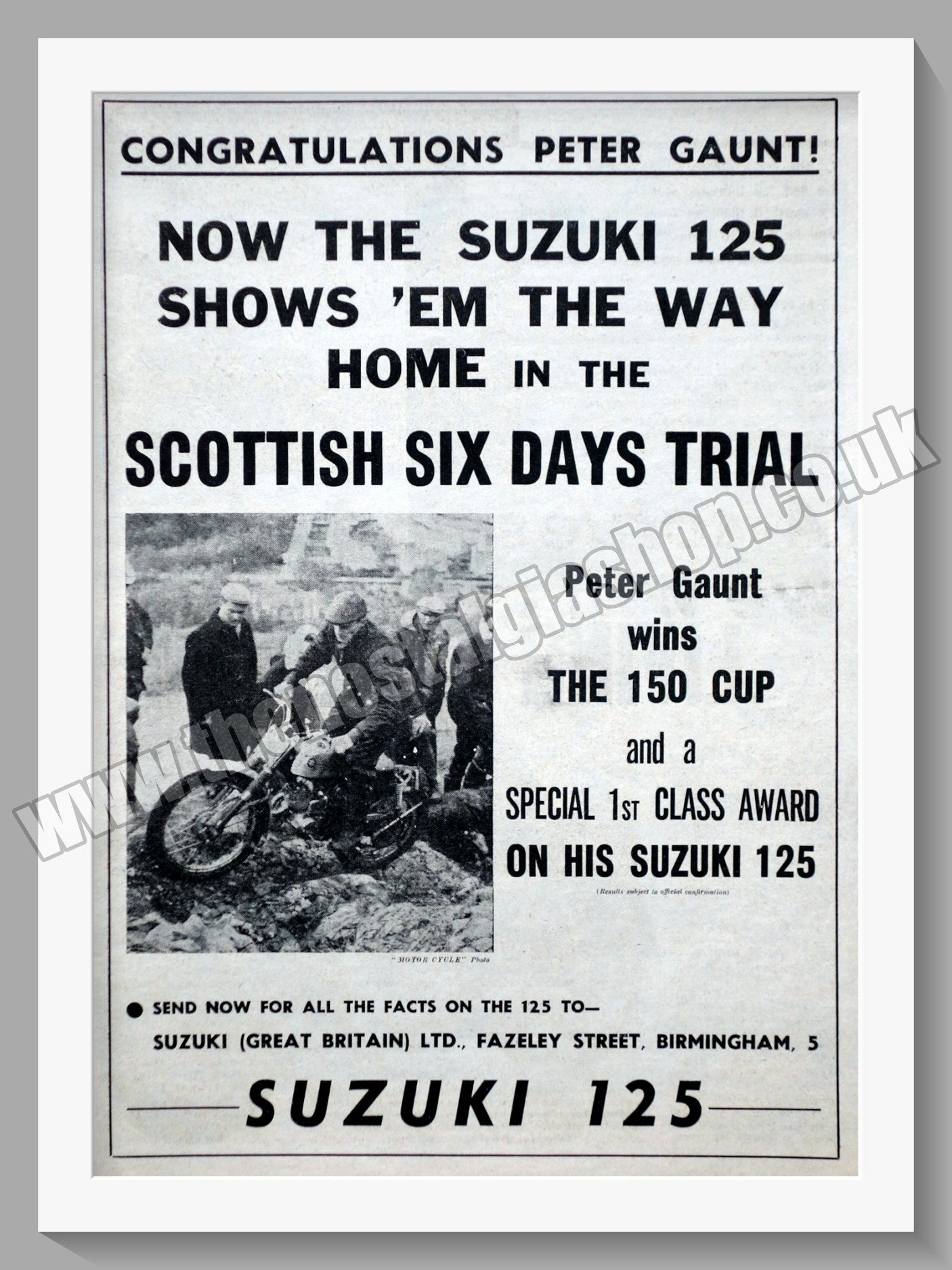 Suzuki 125 Motorcycle. Winning Scottish Six Days Trial. Original advert 1967 (ref AD58670)