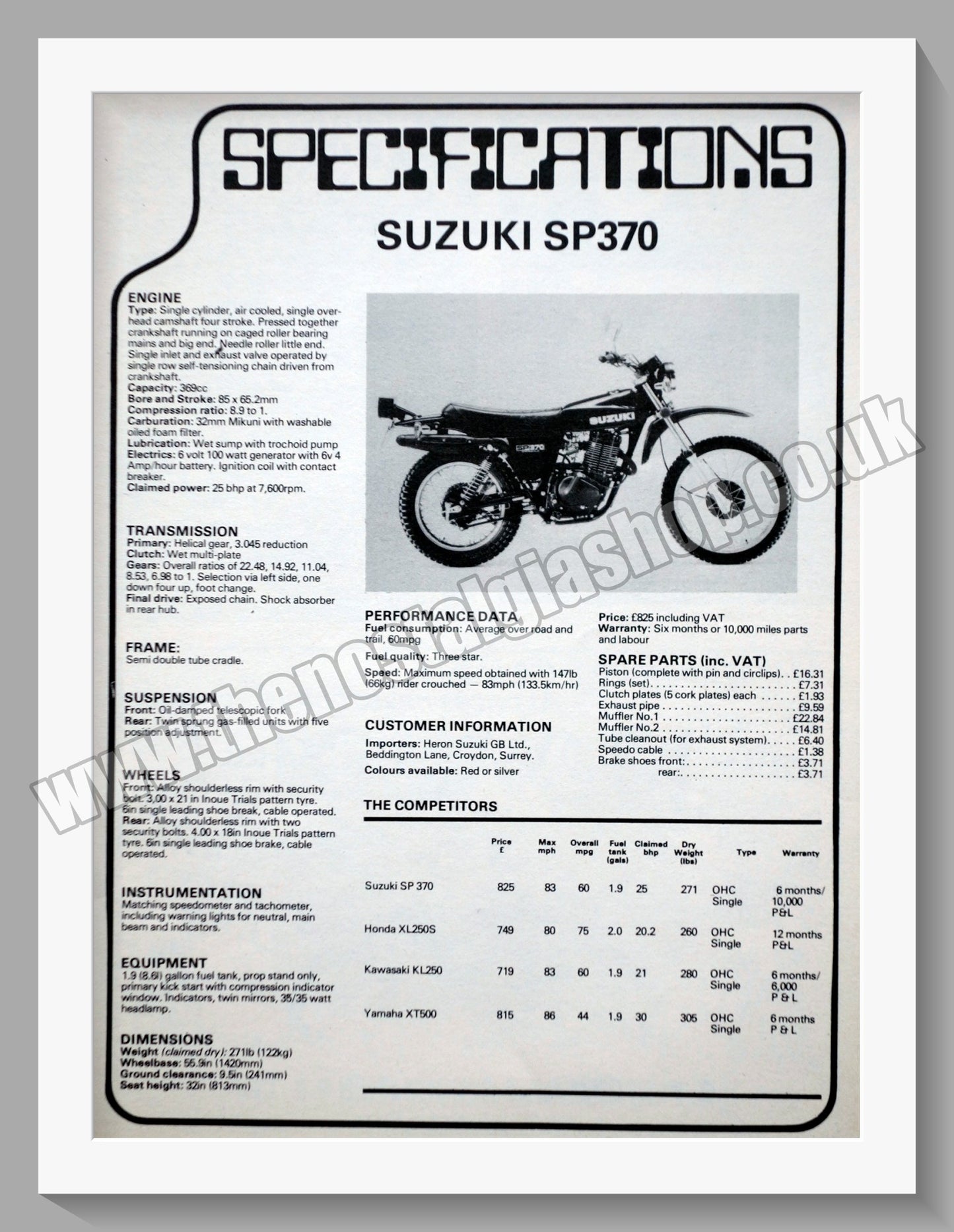 Suzuki SP370 Motorcycle. Specification Sheet. Original advert 1978 (ref AD58688)