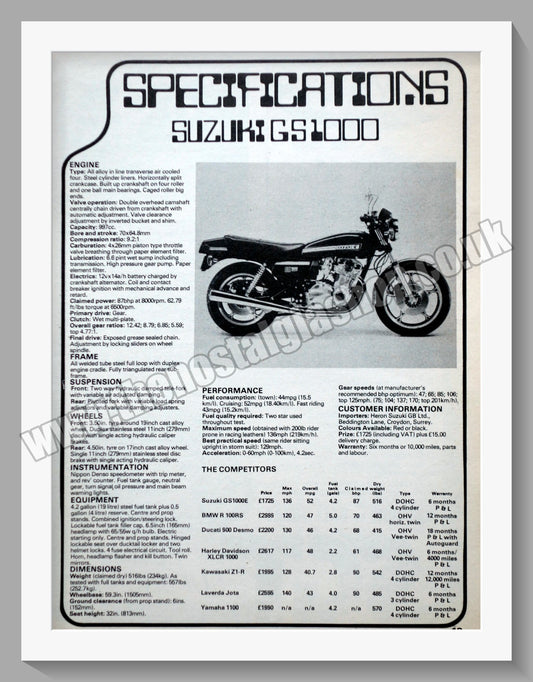 Suzuki GS1000 Motorcycle. Specification Sheet. Original advert 1978 (ref AD58689)