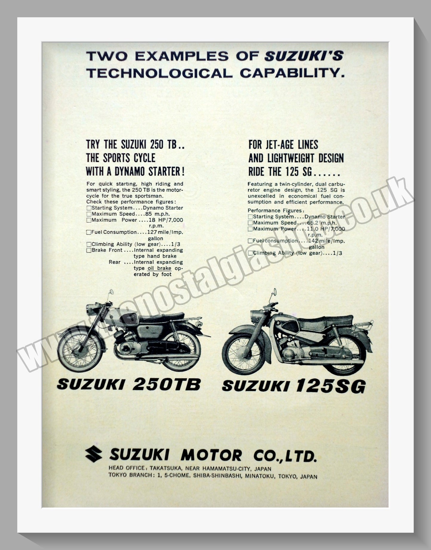 Suzuki 250TB & 125SG Motorcycles. Original advert 1961 (ref AD58691)