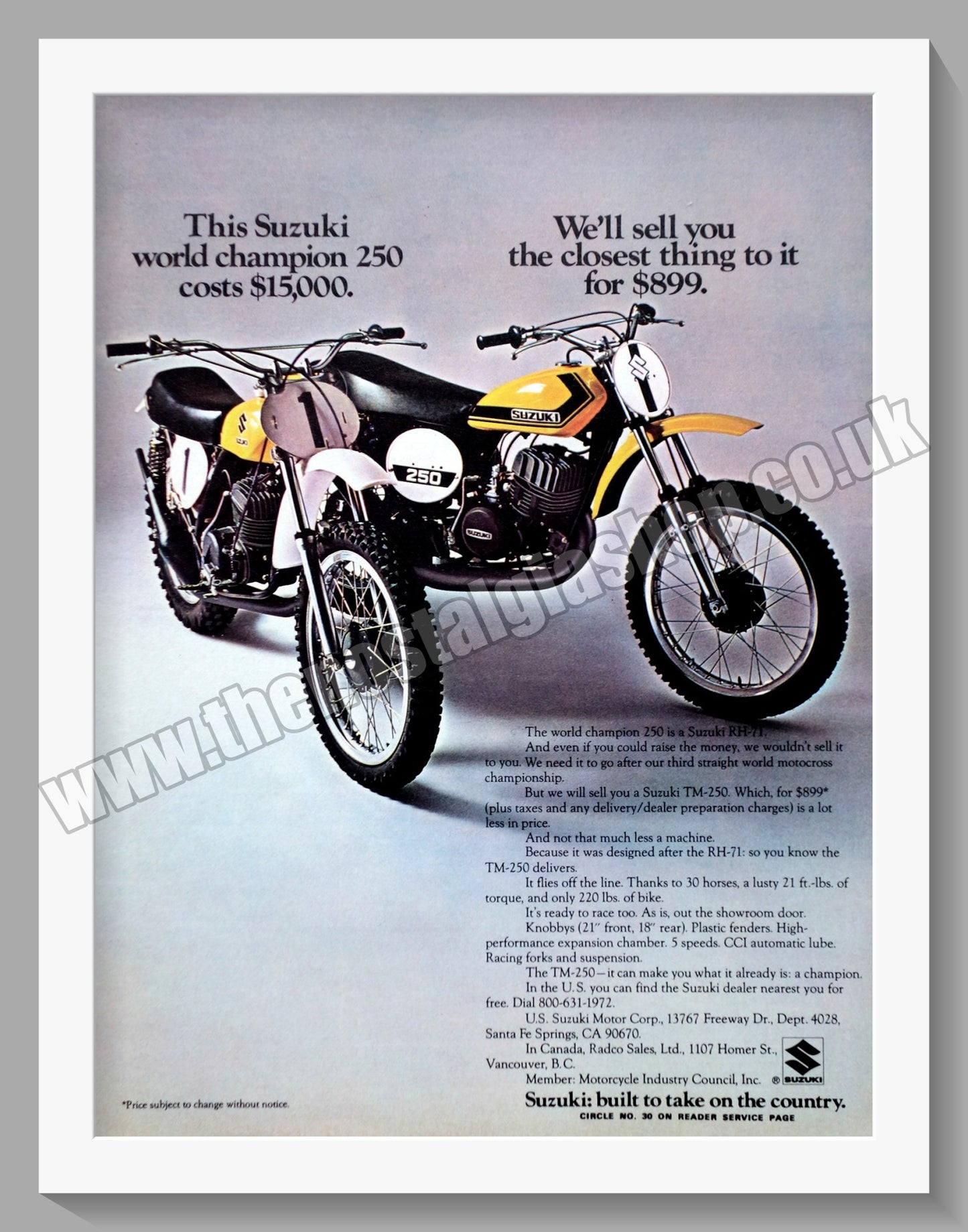 Suzuki RH 71 Motorcycle. Original advert 1972 (ref AD58765)