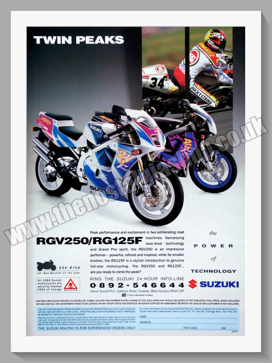 Suzuki RVG250/RG125F Motorcycles. Original advert 1992 (ref AD58777)