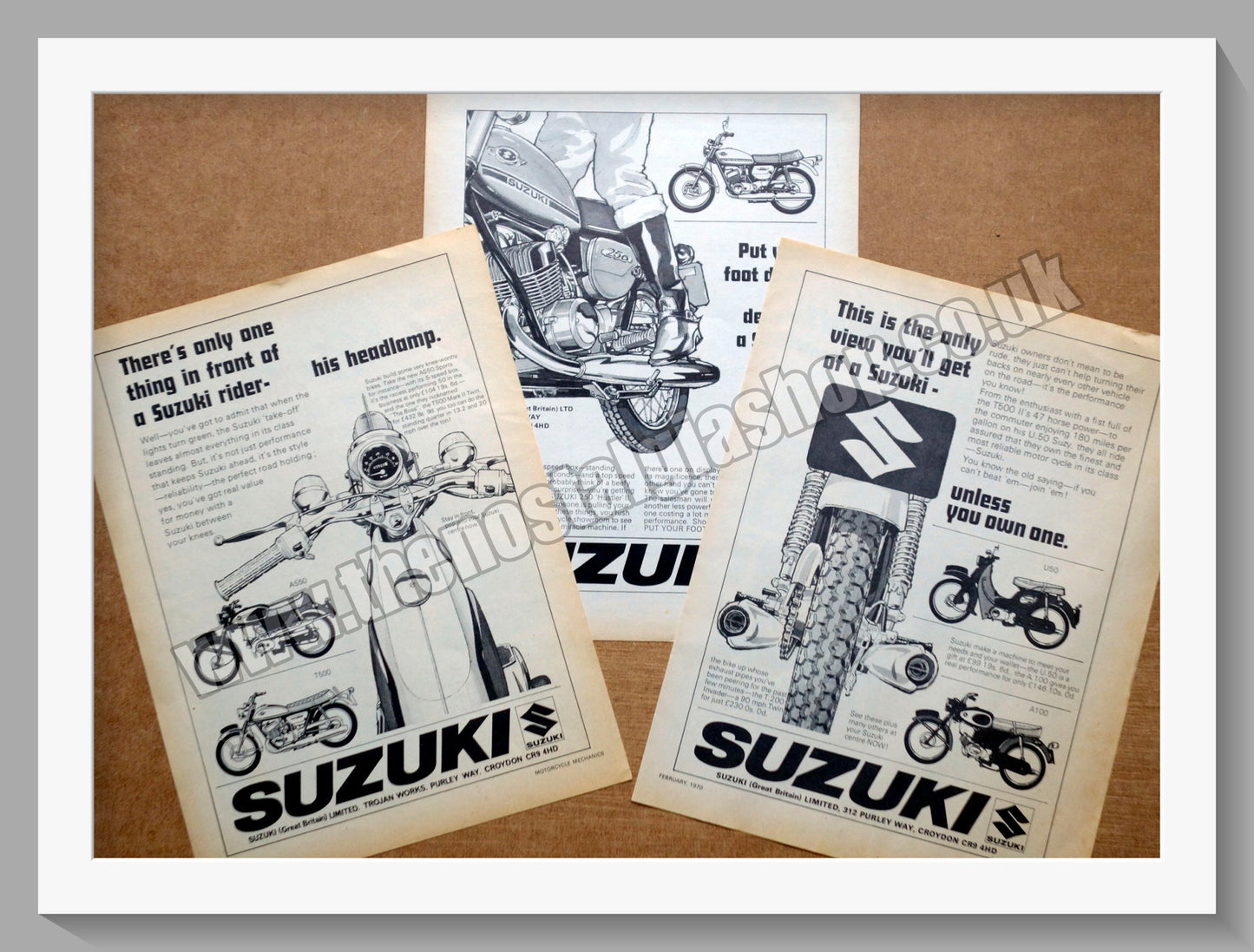 Suzuki Motorcycles. Set of 3 Original adverts 1970 (ref AD58811)