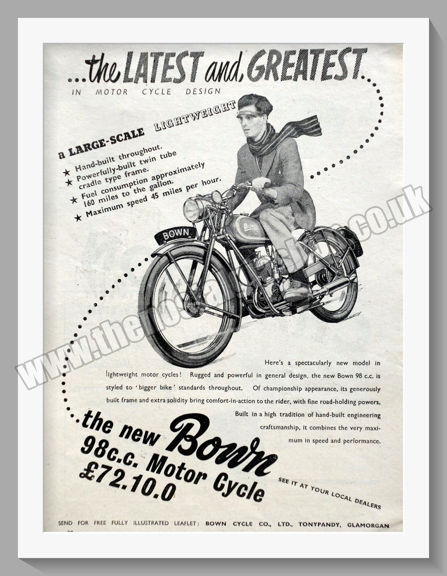 Bown 98cc Motorcycle. Original Advert 1951 (ref AD60123)