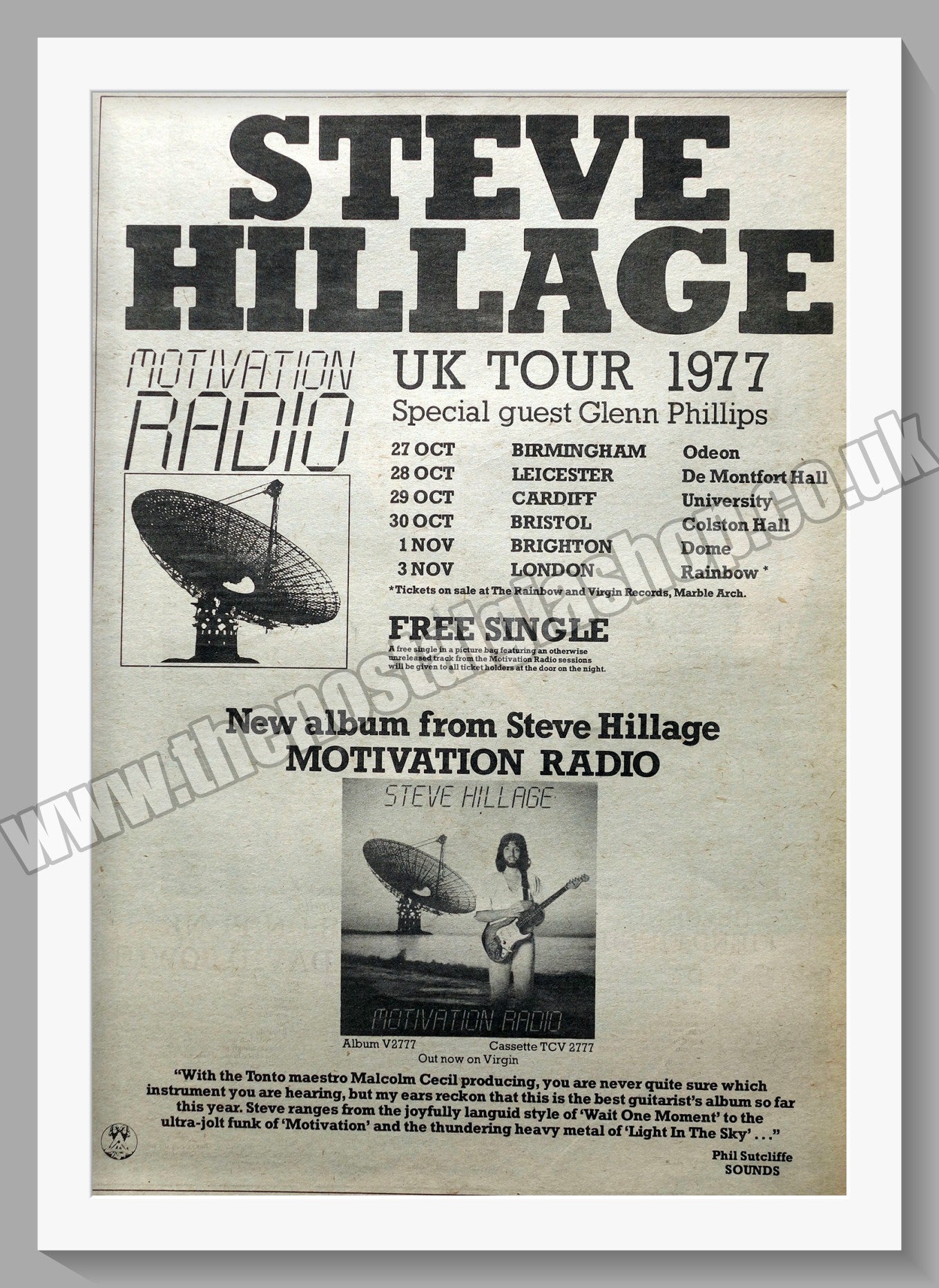 Steve Hillage Motivation Radio UK Tour.  Original Advert 1977 (ref AD14802)