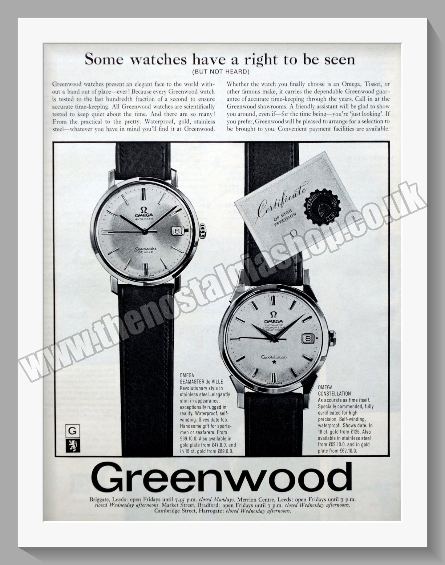 Omega Watches Greenwoods Leeds & Bradford. Original Advert 1965 (ref AD60129)