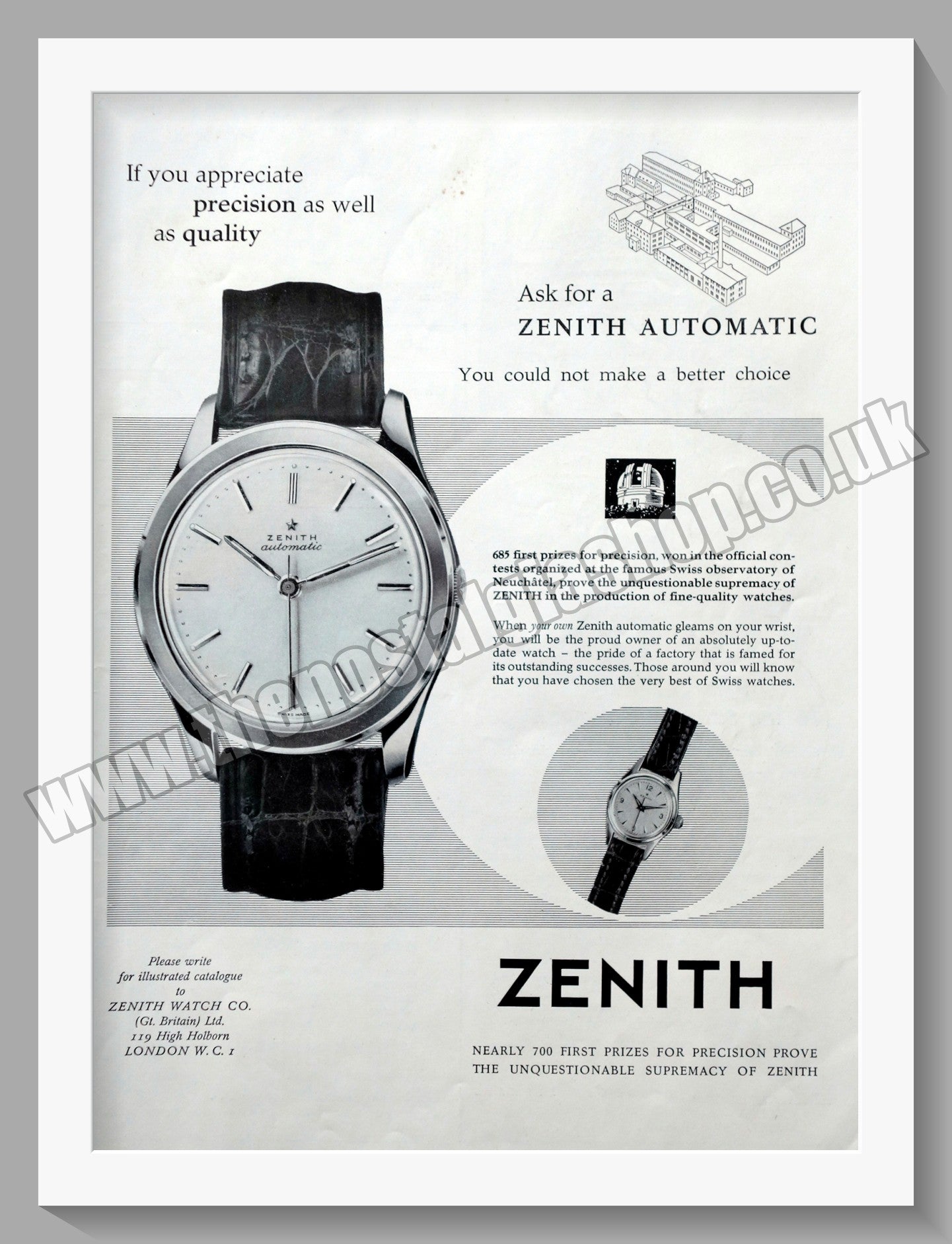 Zenith Automatic Watch.  Original Advert 1957 (ref AD300692)