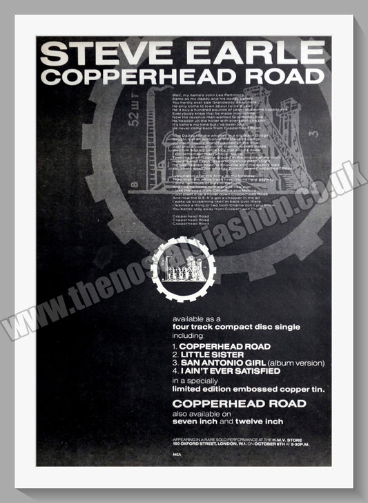 Steve Earle Copperhead Road .1988 Large Original Advert (ref AD15090)