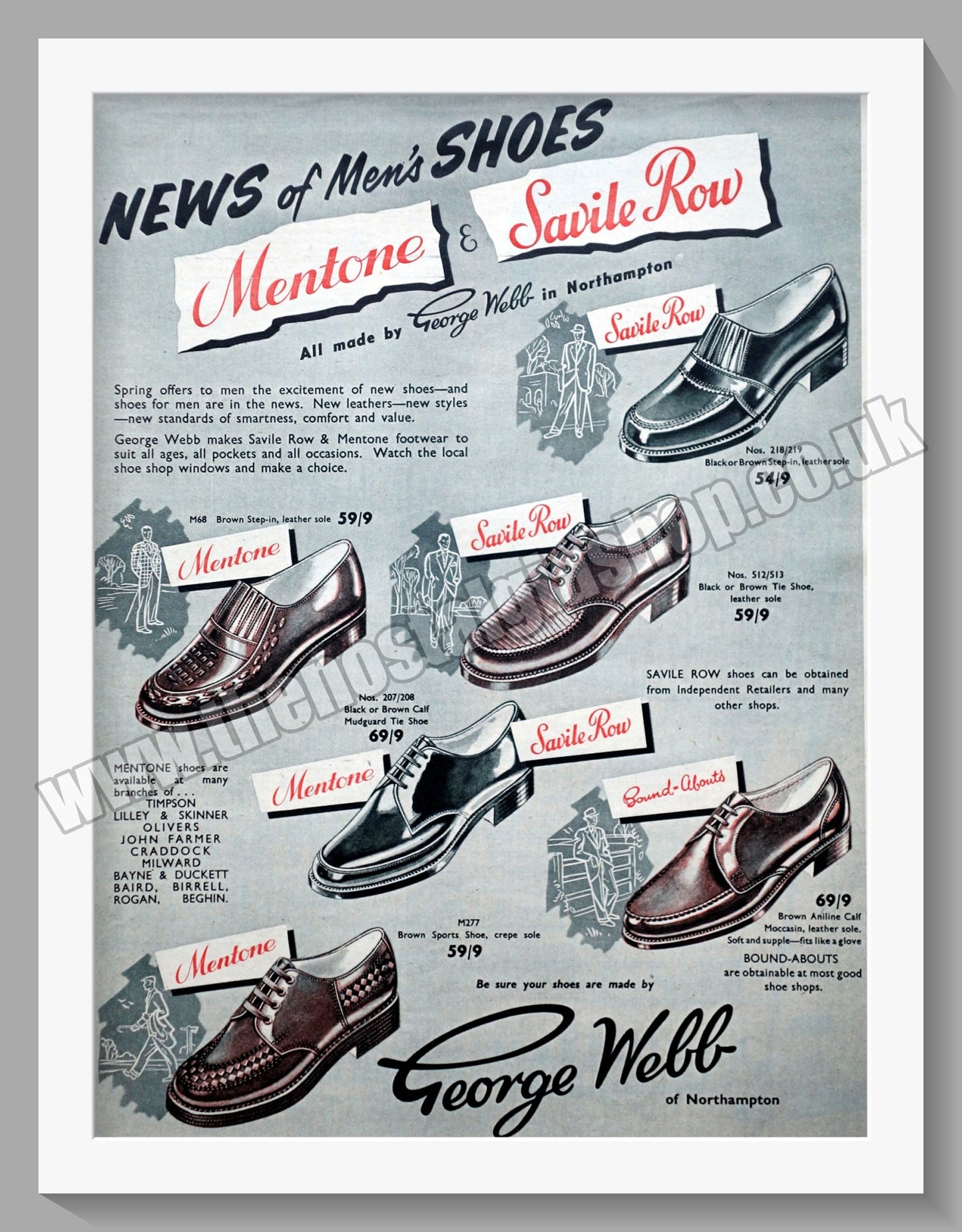 Mentone & Savile Row Shoes at George Webb.  Original Vintage Advert 1955 (ref AD300712)