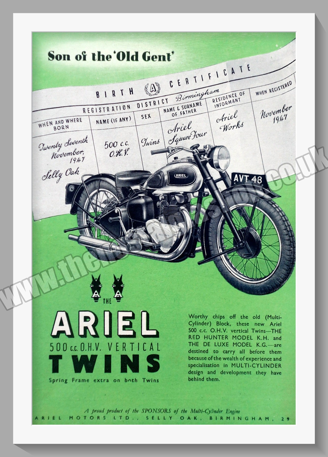 Ariel 500cc Vertical Twin Motorcycle. Original Advert 1948 (ref AD60425)