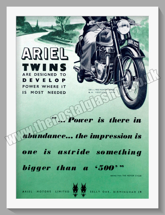 Ariel Red Hunter 500cc Vertical Twin Motorcycle. Original Advert 1950 (ref AD60427)