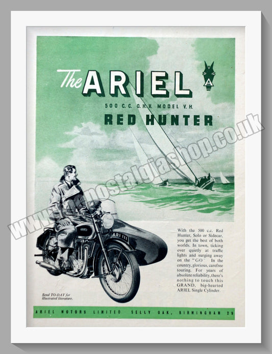 Ariel Red Hunter 500cc Vertical Twin Motorcycle. Original Advert 1951 (ref AD60432)