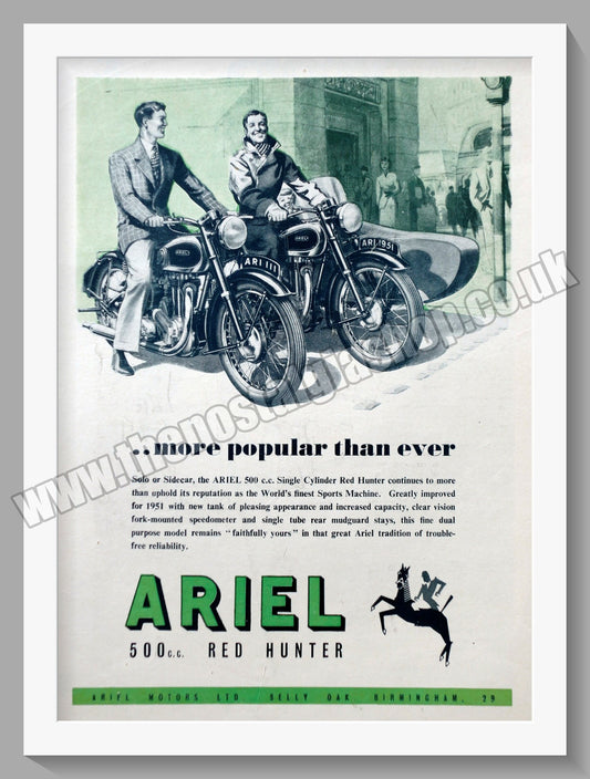 Ariel Red Hunter 500cc Vertical Twin Motorcycle. Original Advert 1951 (ref AD60433)