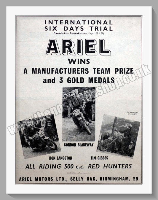 Ariel Motorcycles Six Days Trials. Original Advert 1958 (ref AD60542)