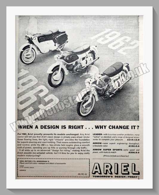 Ariel Motorcycles. Original Advert 1962 (ref AD60563)