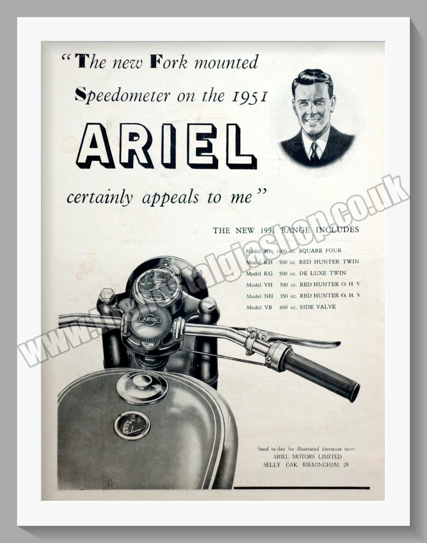 Ariel Motorcycles. Fork Mounted Speedometer. Original Advert 1950 (ref AD60603)