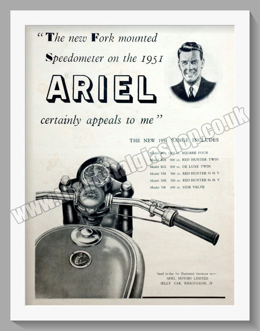 Ariel Motorcycles. Fork Mounted Speedometer. Original Advert 1950 (ref AD60603)